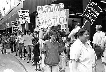 Chris Bearchell (far right) at the AIDS Action Now! protest against Ontario Chief Medical Officer of Health Richard Schabas who recommended that HIV-positive people be quarantined. April 25, 1990.