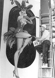 Wicks varnishes a finished painting on the Moulin Rouge girl-show from on Royal American, 1955.