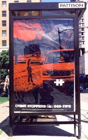 Displayed throughout Vancouver, this bus shelter ad for CRIME STOPPERS shows what looks to be someone cruising a young prostitute. These photos are of the busstop beside the Vancouver Art Gallery, on Howe Street.