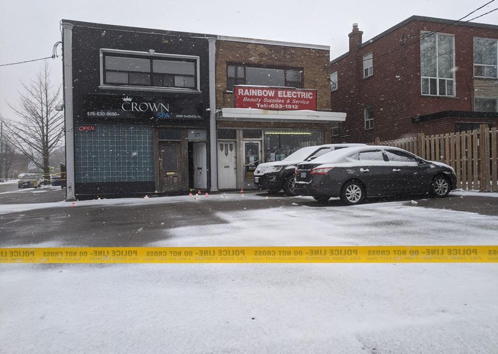 Three people were stabbed - one fatally - on Monday, Feb. 24 at Crown Spa at 3598 Dufferin St., just south of Wilson Avenue. PHOTO: Joanna Lavoie, Torstar