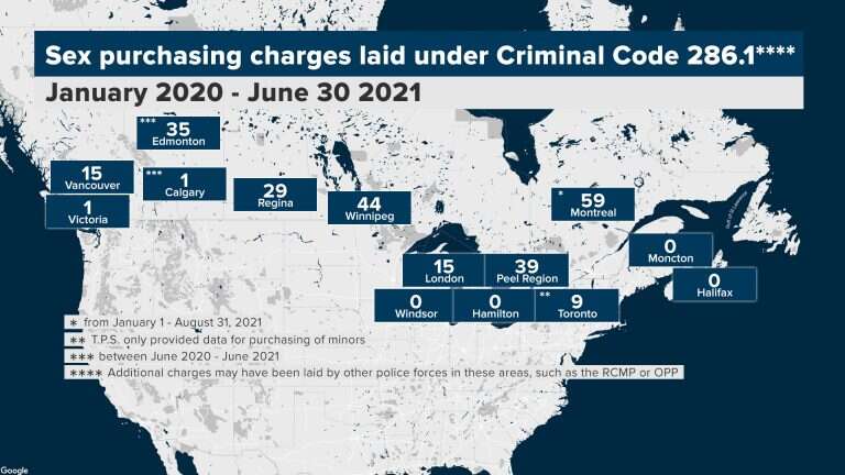 Map of sex purchasing charges laid under Criminal Code 286.1 from June 2020 to June 30, 2021.