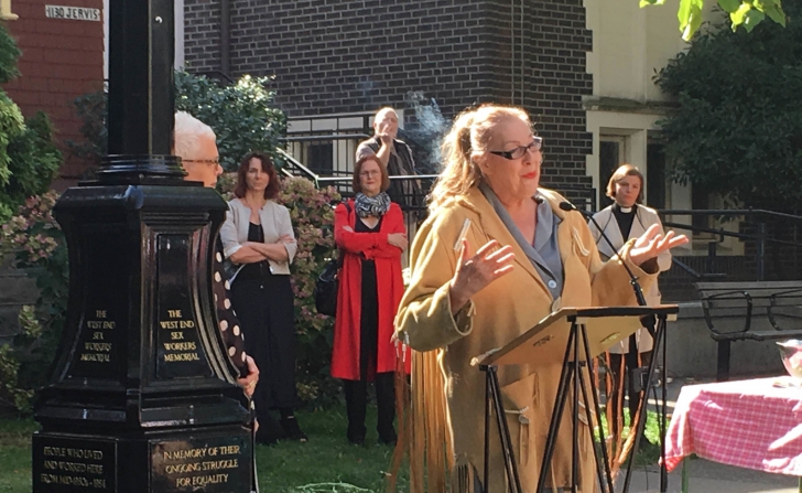 Jamie Lee Hamilton speaks at the opening of the memorial to sex workers. Credit: Rosemary Newton/Daily Xtra