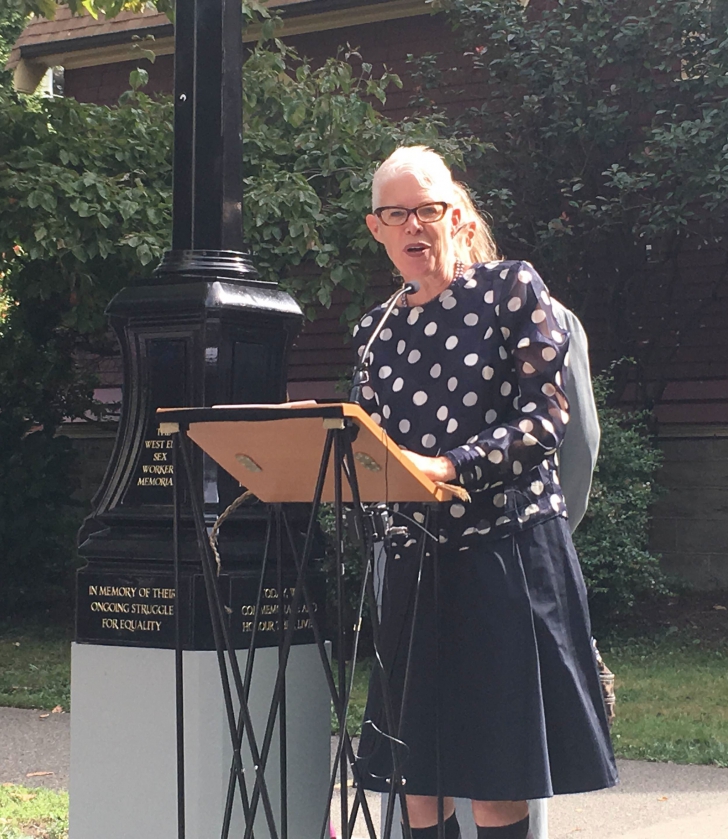 Becki Ross addresses the crowd at the memorial's launch. Credit: Rosemary Newton/Daily Xtra