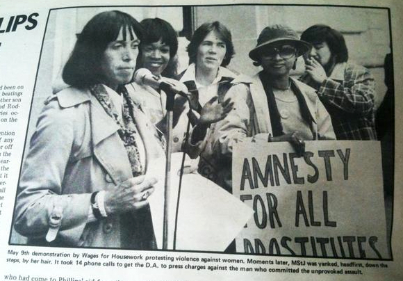 COYOTE founder, Margo St. James, speaking at Wages for Housework protest against violence against women, San Francisco, May 9, 1977