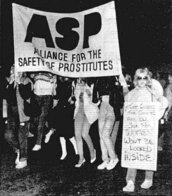 Demonstrators protesting effort to clear prostitutes from the West End tied up traffic with a half-hour parade Friday night. Police described the march as ‘peaceful.' Vancouver Sun, June 9, 1984