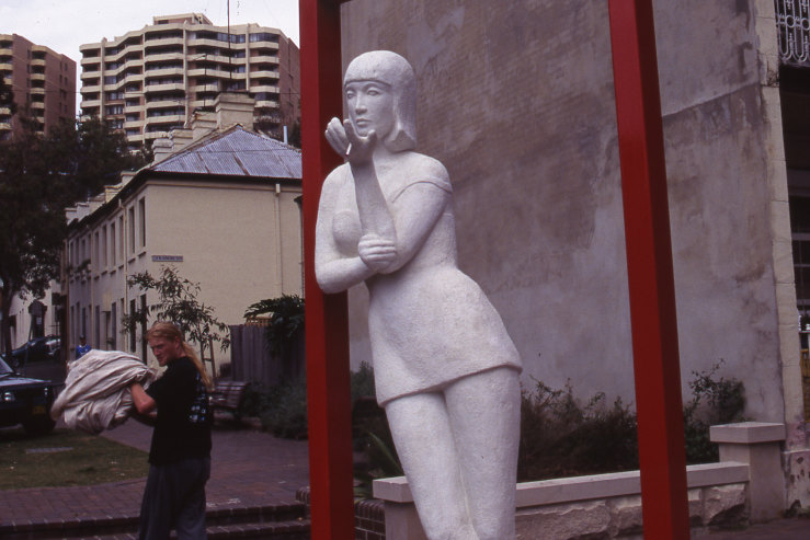 Joy, by artist Loui Fraser, was installed at the corner of Yurong and Stanley streets in East Sydney in 1995. By 1997, she was gone. Photo courtesy: City of Sydney Archives: A-00033885
