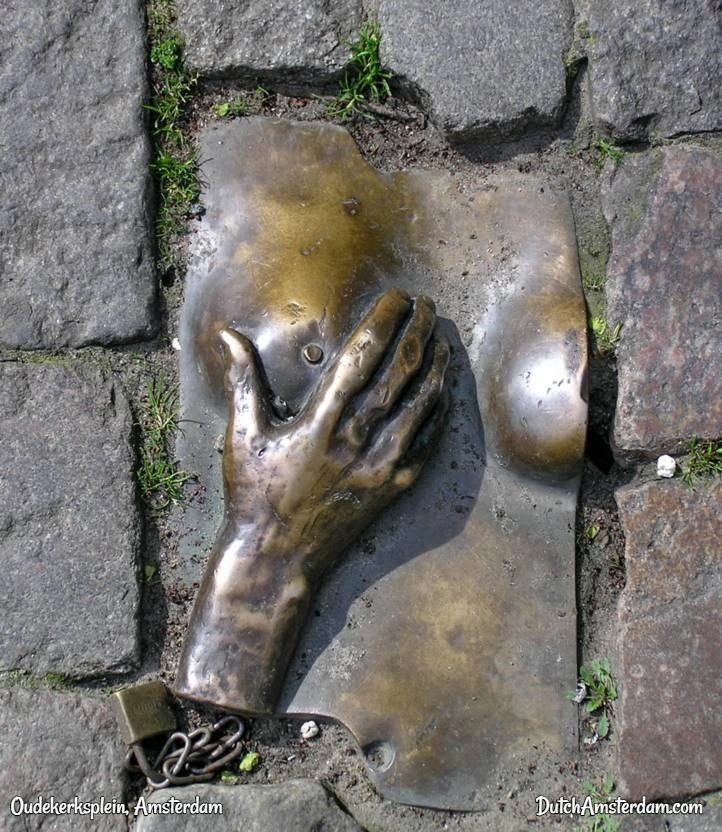 This bronze sculpture, depicting a hand caressing a breast, was donated to the city by an anonymous artist.
