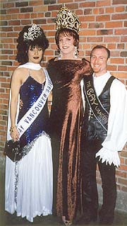 Dignitaries at the Dogwood Monarchist Society Coronation. Left to right: Organza, Judy Jive, & Rob Wolvin. March, 1999.