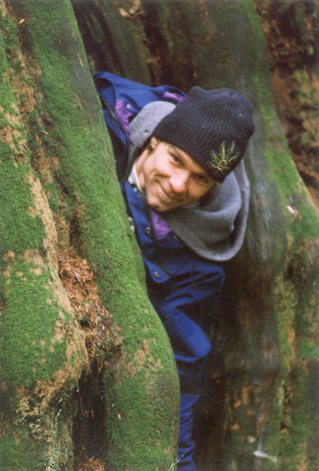 The Professor found a den! Inside a hollow old-growth cedar stump. (Stanley Park, Vancouver, British Columbia.) PHOTO: Bill Powers, February, 2000.