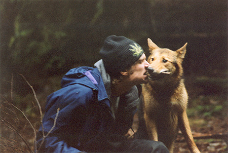 Face-Off! - Prof. Woods is also fearless, meets the Brush Wolf up close! (Stanley Park, Vancouver, British Columbia.) PHOTO: Bill Powers, February, 2000.